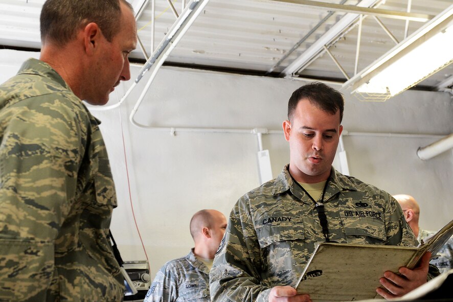 U.S. Air Force Col. Stephen Jost, 20th Fighter Wing commander, is briefed by Staff Sgt. Kevin Canady, 20th Equipment Maintenance Squadron munitions inspector, during a Behind the Scenes event with the Shaw Chaplain Corps at Shaw Air Force Base, S.C., March 16, 2015. The vision of the chapel is to integrate into all units on base and build relationships with the Airmen so they have an outlet where they can obtain guidance and spiritual care. (U.S. Air Force photo by Senior Airman Diana M. Cossaboom/Released)