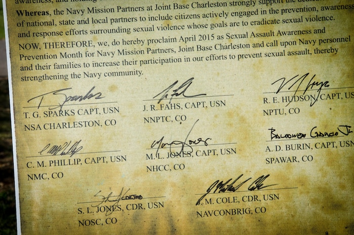 A Sexual Assault Prevention and Response Proclamation signing was held April 1, 2015 at Joint Base Charleston – Weapons Station, S.C. Leadership from Naval Support Activity Charleston, Naval Nuclear Power Training Command, Nuclear Power Training Unit, Navy Munitions Command Unit Charleston, Naval Health Clinic Charleston, Space and Naval Warfare Systems Center Atlantic, Naval Consolidated Brig Charleston and Navy Operational Support Center Charleston were signatories to the proclamation. (U.S. Air Force photo/Staff Sgt. AJ Hyatt)