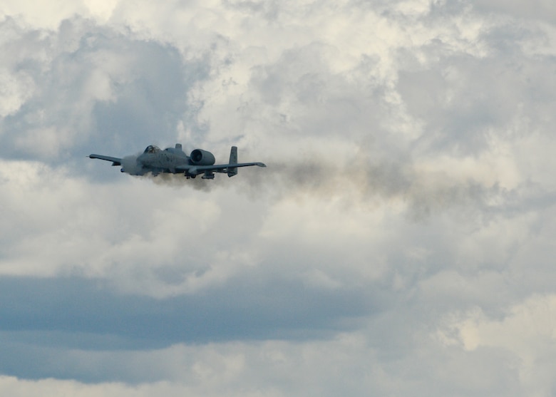 A U.S. Air Force A-10 Thunderbolt II assigned to the 354th Expeditionary Fighter Squadron fires its 30mm GAU-8 Avenger rotary cannon during a theater security package deployment at Campia Turzii, Romania, April 1, 2015. The aircraft will forward deploy to locations in Eastern European NATO countries as part of the TSP. (U.S. Air Force photo by Staff Sgt. Joe W. McFadden/Released)

