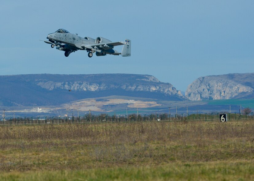 A U.S. Air Force A-10 Thunderbolt II pilot assigned to the 354th Expeditionary Fighter Squadron takes off from the flightline during a theater security package deployment at Campia Turzii, Romania, April 1, 2015.U.S. Airmen will conduct training alongside NATO allies to strengthen interoperability and demonstrate U.S. commitment to the security and stability of Europe.  (U.S. Air Force photo by Staff Sgt. Joe W. McFadden/Released)