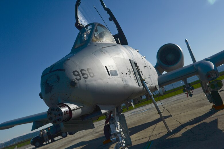 A U.S. Air Force A-10 Thunderbolt II assigned to the 354th Expeditionary Fighter Squadron is parked off the runway during a theater security package deployment at Campia Turzii, Romania, April 1, 2015. The aircraft will forward deploy to locations in Eastern European NATO countries as part of the TSP. (U.S. Air Force photo by Staff Sgt. Joe W. McFadden/Released)