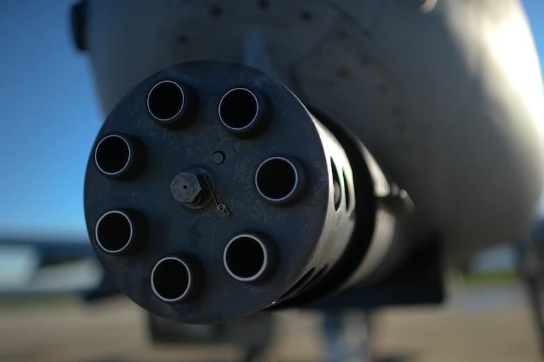 A 30mm GAU-8 Avenger rotary cannon of a U.S. Air Force A-10 Thunderbolt IIs assigned to the 354th Expeditionary Fighter Squadron is displayed during a theater security package deployment at Campia Turzii, Romania, April 1, 2015. The A-10 supports Air Force missions around the world as part of the U.S. Air Force's current inventory of strike platforms, including F-15 Strike Eagle and F-16 Fighting Falcon fighter aircraft. (U.S. Air Force photo by Staff Sgt. Joe W. McFadden/Released)