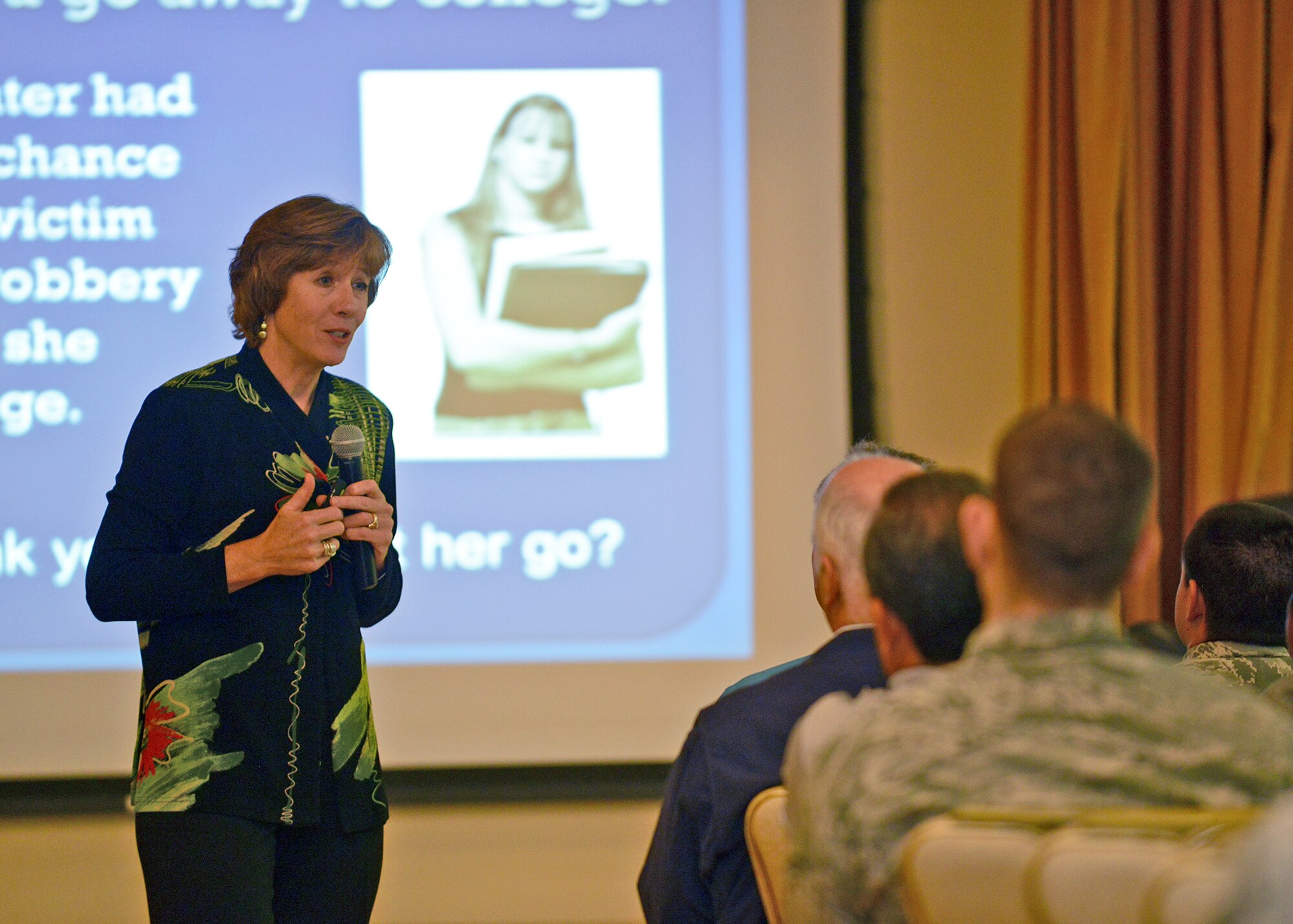 Anne Munch, a former prosecutor and current sexual assault and domestic violence educator, speaks to Team Edwards members during the Sexual Assault Awareness and Prevention Month kickoff event April 1 at Club Muroc. The event was hosted by the Sexual Assault Prevention and Response Office to allow Airmen to interact and examine their own personal beliefs and societal influences regarding sexual assault. (U.S. Air Force photo by Jet Fabara)