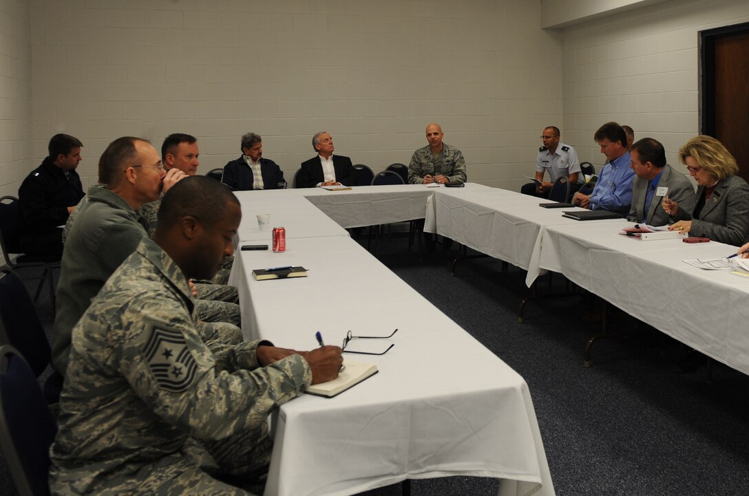 Chief Master Sgt. Eddie Webb, 7th Bomb Wing command chief speaks with Steve Bonner during an Air Force Community Partnership Program Nov. 11, 2014, at Dyess Air Force Base, Texas. Mr. Bonner is the facilitator for the program management office that oversees the Air Force Community Partnership Program on behalf of the Assistant Secretary of the Air Force for Installations, Environment and Logistics. (U.S. Air Force photo by Airman 1st Class Alexander Guerrero/Released)