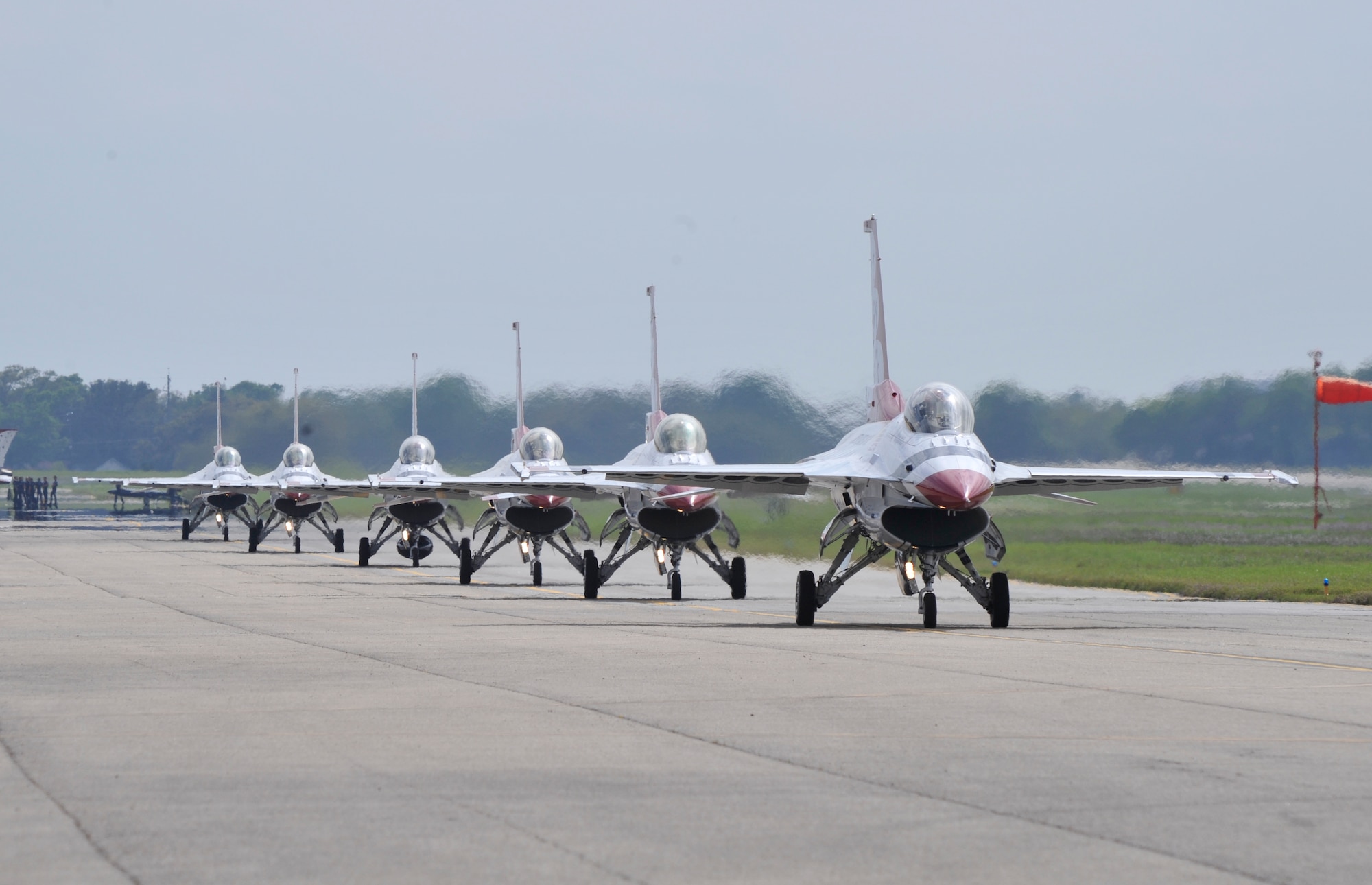 The U.S. Air Force Thunderbirds taxi to the runway before their performance at Keesler Air Force Base, Mississippi, during the "Thunder on the Bay" Air Show and Open House. More than 155,000 people attended the event March 28-29, 2015. (U.S. Air Force photo/Master Sgt. Jessica Kendziorek)