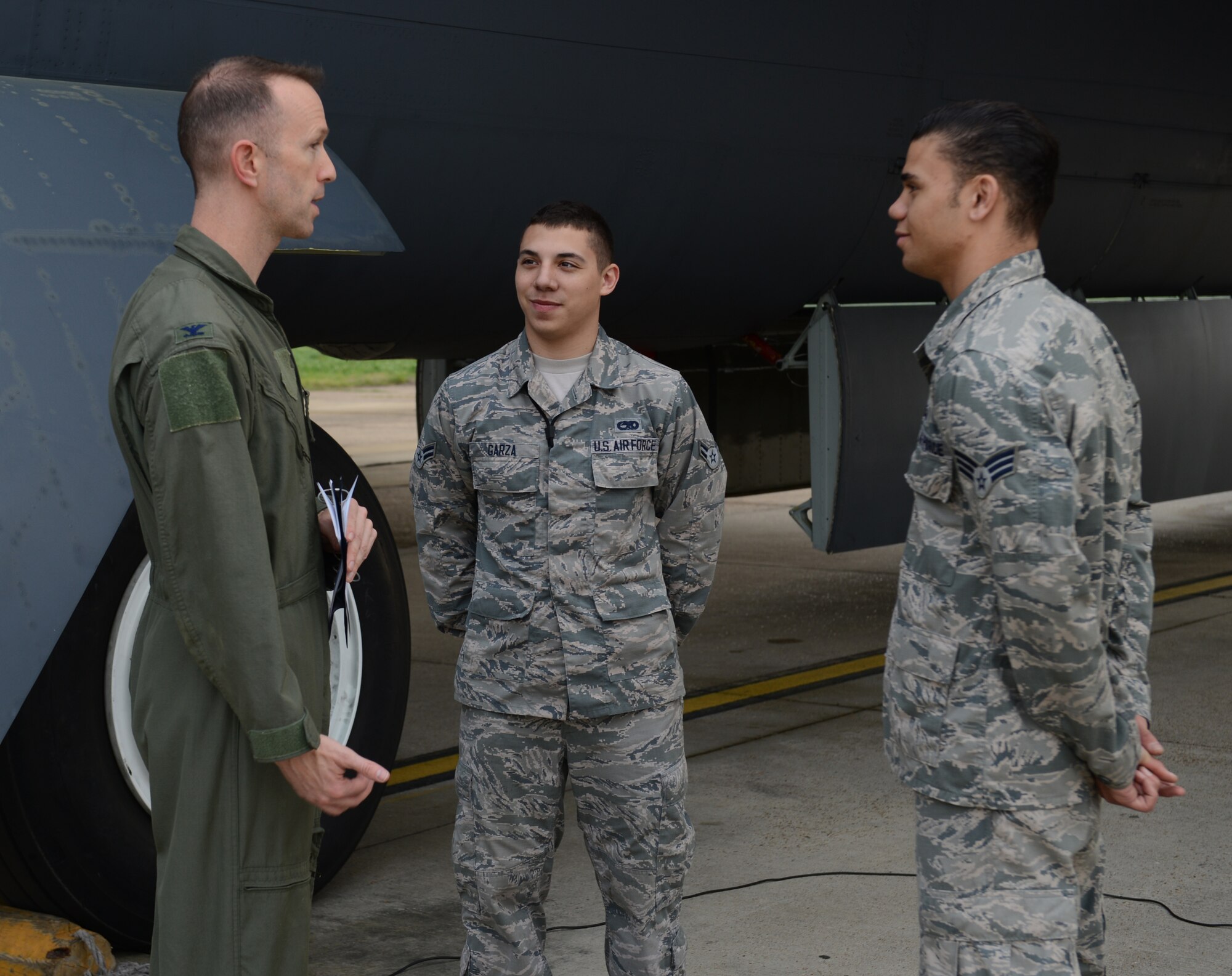 Col. Leland Bohannon, 2nd Bomb Wing vice commander, speaks to crew chiefs from the 96th Aircraft Maintenance Unit during his “fini flight” on Barksdale Air Force Base, La., April 1, 2015. Bohannon is a command pilot with more than 3,100 hours in the B-52H Stratofortress, B-2A Spirit and C-5 Galaxy. (U.S. Air Force photo/Senior Airman Benjamin Gonsier)