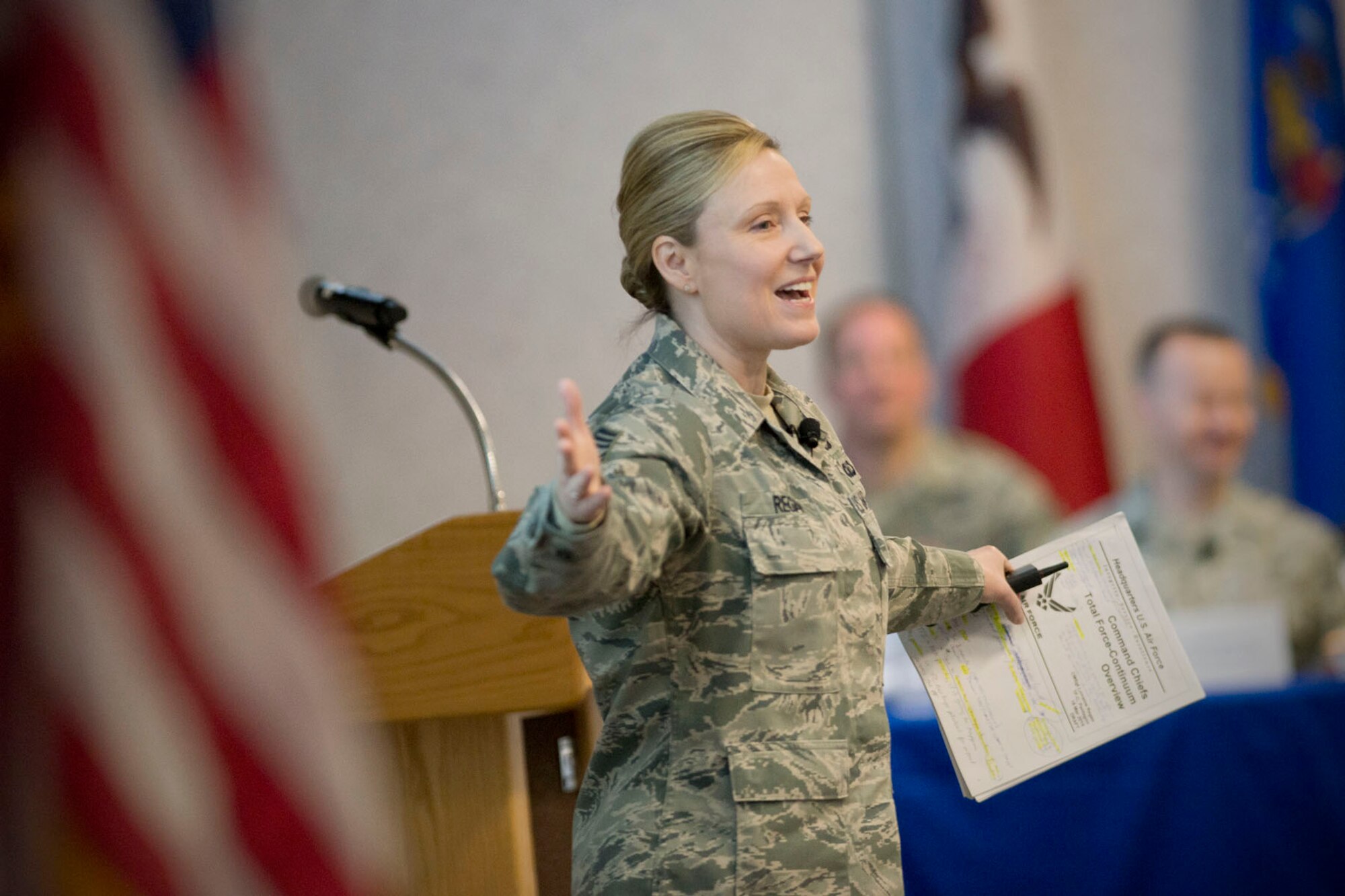 Chief Master Sgt. Lorraine Regan, special assistant for Total Force Enlisted Issues on Total Force Continuum, addresses senior enlisted leaders during the annual Command Chief’s Huddle at Volk Field Combat Readiness Training Center, Wis., March 28, 2015. The Command Chief’s Huddle brings together more than 150 Command Chief Master Sergeants and other senior enlisted leaders from 89 ANG wings and units, representing 54 states, territories and the District of Columbia, to openly discuss a wide range of issues and challenges facing the ANG. Attendees will also gain a better understanding of national issues relating to the ANG mission and share that knowledge with the 91,000 enlisted Air Guardsmen they represent. (U.S. Air National Guard photo by Master Sgt. Marvin R. Preston/Released)