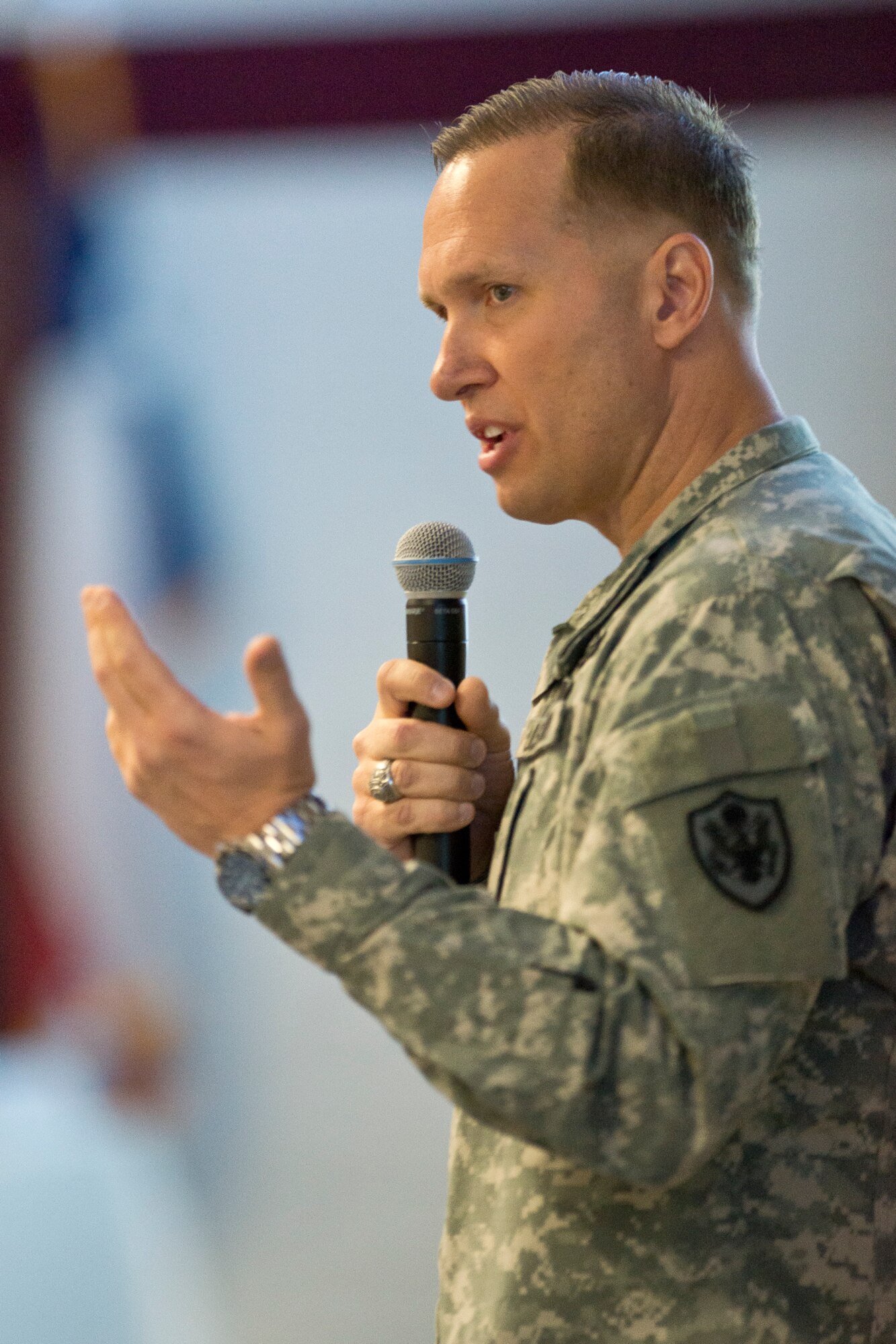 Army Sergeant Major Michael Schultz, senior enlisted advisor assigned to the Office of the Assistant Secretary of Defense for Reserve Affairs, addresses senior enlisted leaders during the annual Command Chief’s Huddle at Volk Field Combat Readiness Training Center, Wis., March 29, 2015. The Command Chief’s Huddle brings together more than 150 Command Chief Master Sergeants and other senior enlisted leaders from 89 ANG wings and units, representing 54 states, territories and the District of Columbia, to openly discuss a wide range of issues and challenges facing the ANG. Attendees will also gain a better understanding of national issues relating to the ANG mission and share that knowledge with the 91,000 enlisted Air Guardsmen they represent. (U.S. Air National Guard photo by Master Sgt. Marvin R. Preston/Released)