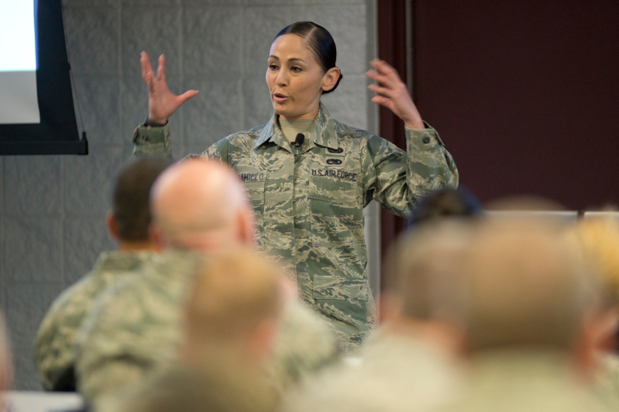 Tech. Sgt. Andrea Jamarillo, a Military Training Instructor assigned to the 323rd Training Squadron, Joint Base San Antonio-Lackland, Texas, addresses senior enlisted leaders during the annual Command Chief’s Huddle at Volk Field Combat Readiness Training Center, Wis., March 28, 2015. The Command Chief’s Huddle brings together more than 150 Command Chief Master Sergeants and other senior enlisted leaders from 89 ANG wings and units, representing 54 states, territories and the District of Columbia, to openly discuss a wide range of issues and challenges facing the ANG. Attendees will also gain a better understanding of national issues relating to the ANG mission and share that knowledge with the 91,000 enlisted Air Guardsmen they represent. (U.S. Air National Guard photo by Master Sgt. Marvin R. Preston/Released)