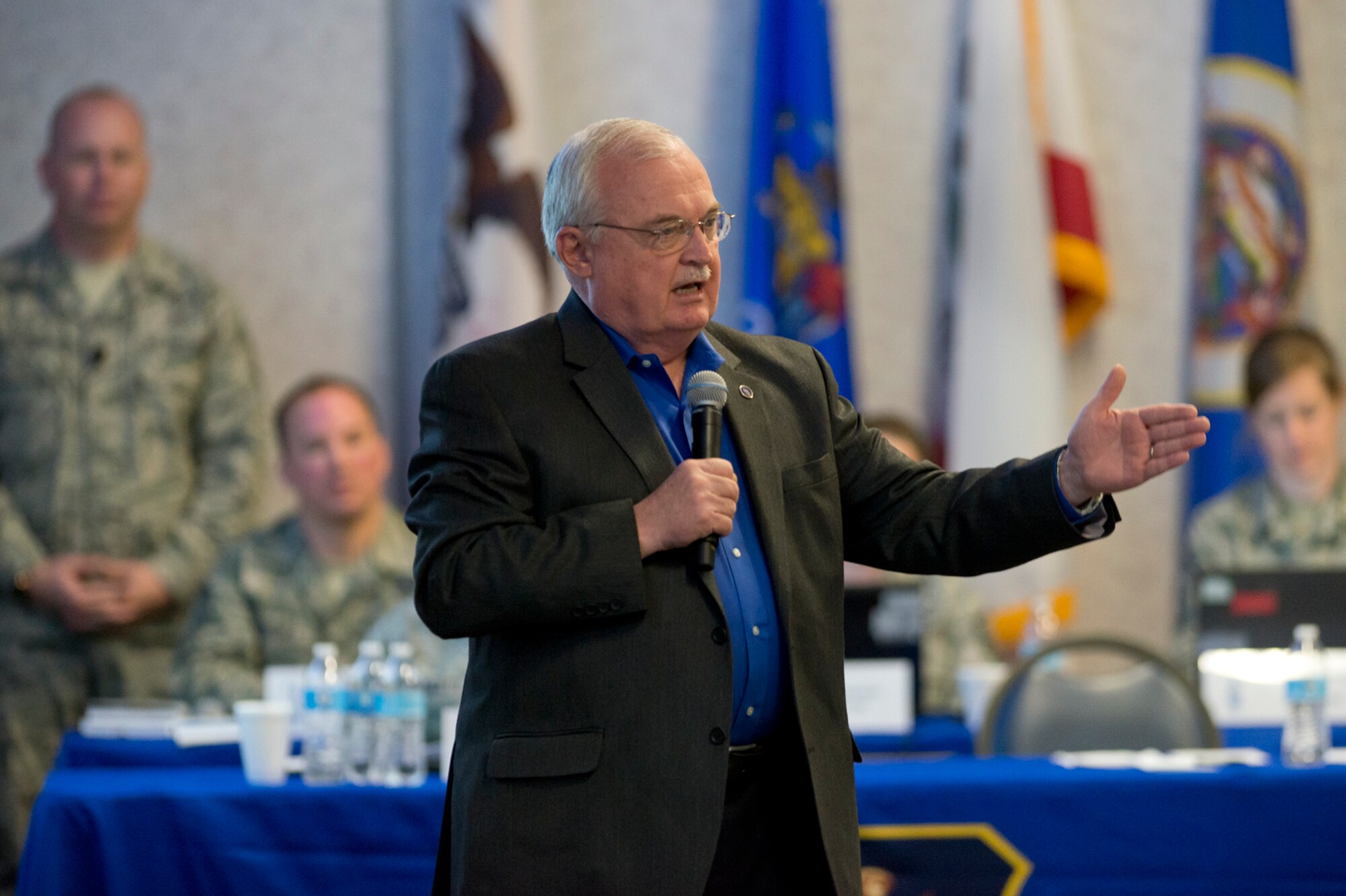 Retired Chief Master Sgt. Richard A. Smith, the ninth command chief master sergeant of the Air National Guard, addresses senior enlisted leaders during the annual Command Chief’s Huddle at Volk Field Combat Readiness Training Center, Wis., March 28, 2015. The Command Chief’s Huddle brings together more than 150 Command Chief Master Sergeants and other senior enlisted leaders from 89 ANG wings and units, representing 54 states, territories and the District of Columbia, to openly discuss a wide range of issues and challenges facing the ANG. Attendees will also gain a better understanding of national issues relating to the ANG mission and share that knowledge with the 91,000 enlisted Air Guardsmen they represent. (U.S. Air National Guard photo by Master Sgt. Marvin R. Preston/Released)
