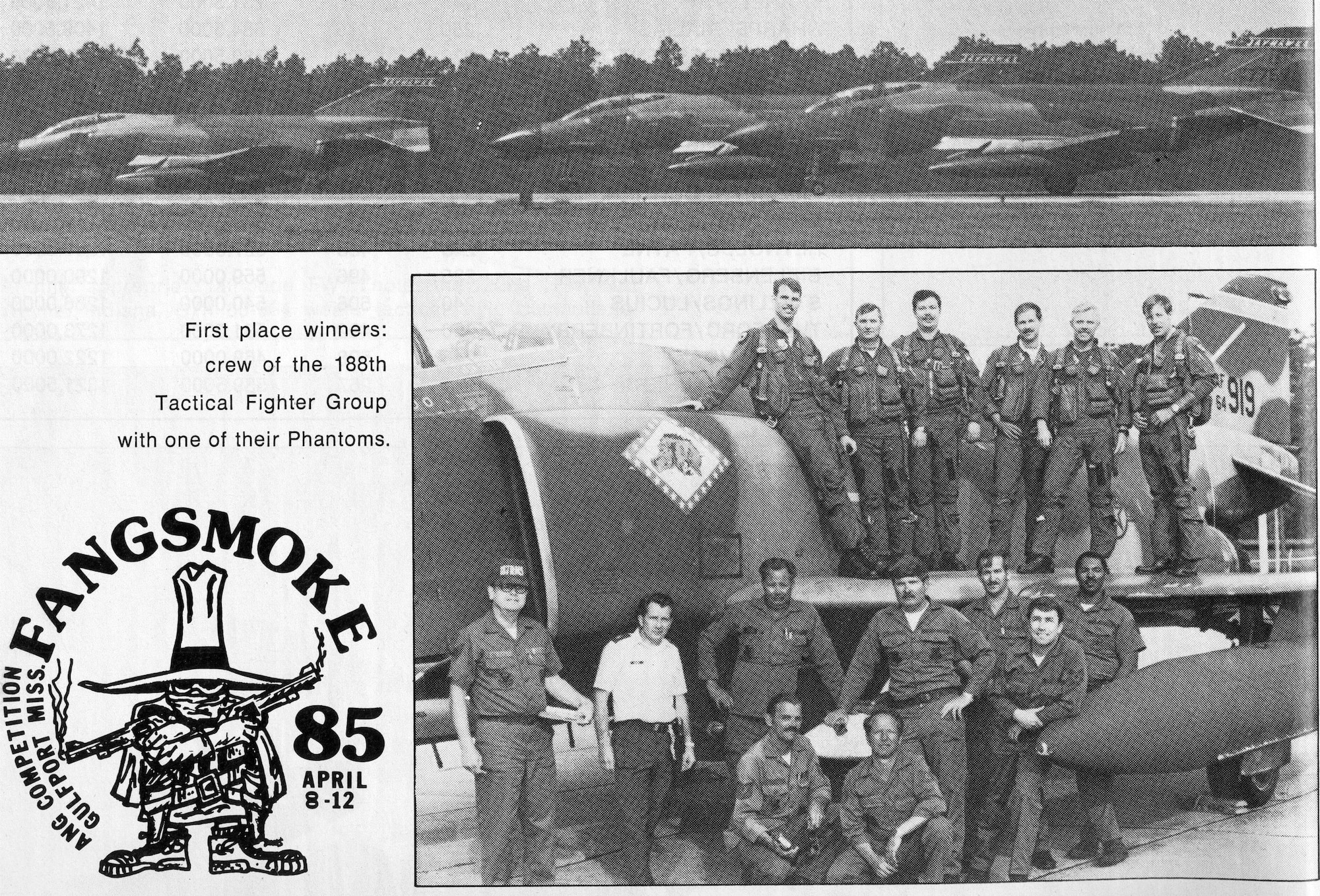 The April 2015 The Flying Razorback Flashback features the pilots and maintainers of the former 188th Tactical Fighter Group. This group took home first place at Fangsmoke in 1985. The competition was held at Shelby Range near Gulfport, Miss. The competition featured F-4 Phantom pilots competing in tactical ordnance delivery and bombing as well as low-angle strafe passes. The 188th led the way scoring a total of 3,262 points out of 4,000 and finished 61 points ahead of the next placed team. The 188th Wing flew F-4s from 1979 until 1988. (Courtesy photo)