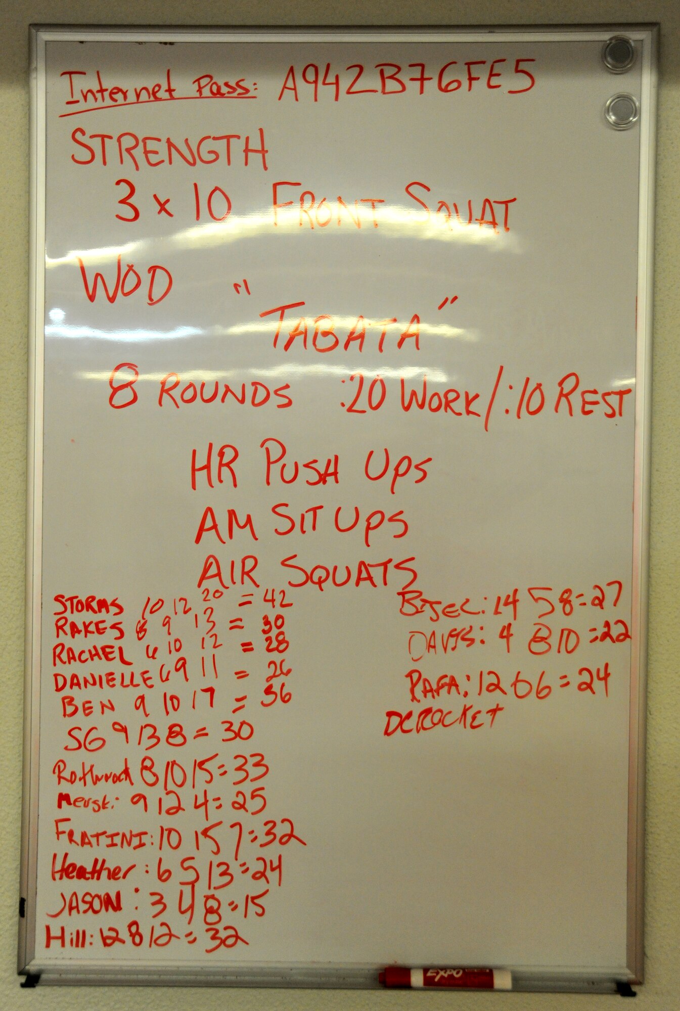 Workouts are posted daily before every advance fitness program in the elite fitness room at the Chase Fitness Center, Lajes Field, Azores, Portugal. At the end of the workout individuals post their times or scores on the whiteboard. (U.S. Air Force photo by 1st Lt. Korey Fratini/Released)