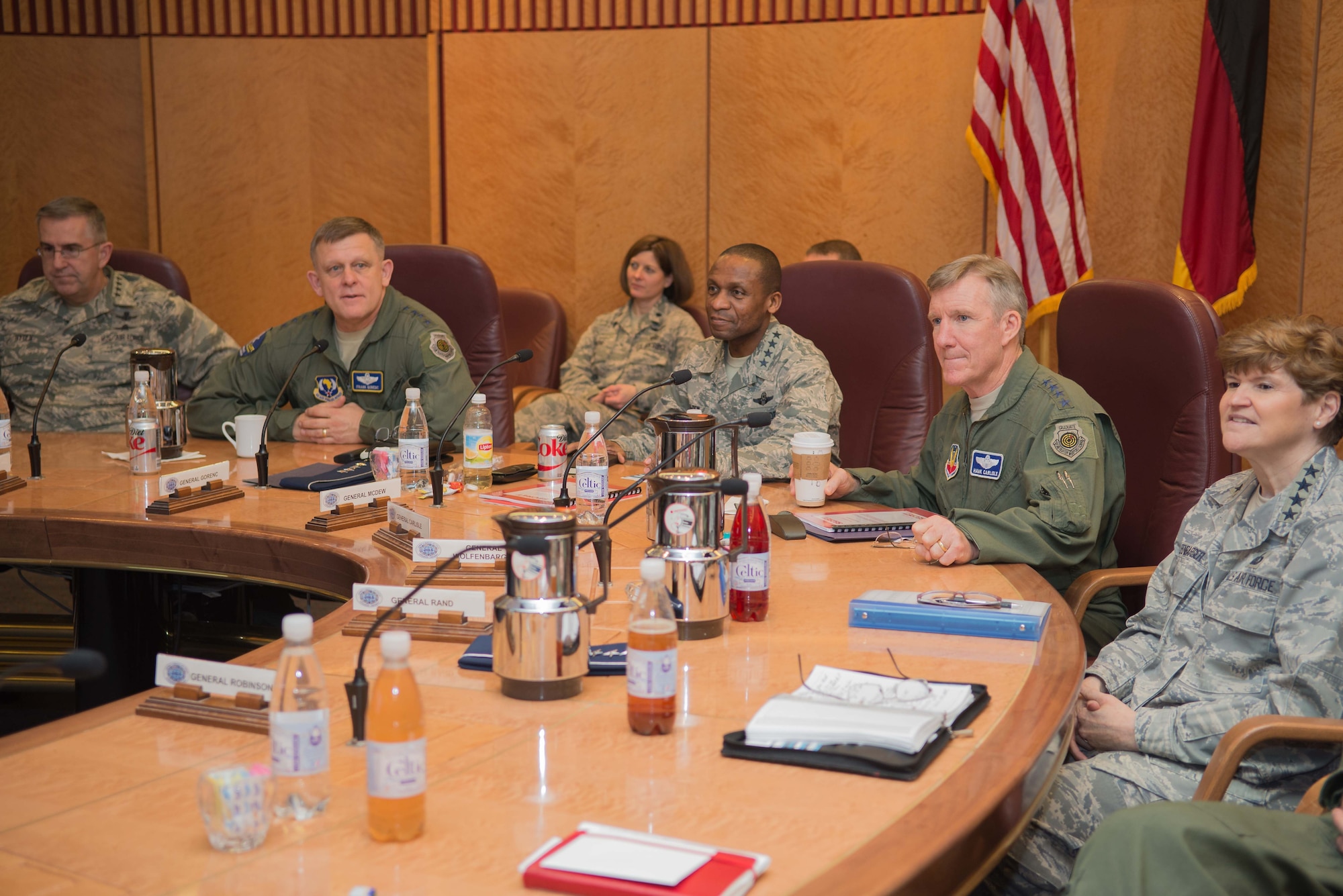 RAMSTEIN AIR BASE, Germany – Gen. Hawk Carlisle, Air Combat Command commander (center-right), and Gen. Darren W. McDew, Air Mobility Command commander (center-left), chair a discussion during the Combat Air Forces/Mobility Air Forces Commander’s Conference on Ramstein Air Base, Germany, April 1, 2015. The conference provided a venue for the senior leaders to discuss current and future issues central to the Air Force. (U.S. Air Force photo/Tech. Sgt. Benjamin Wilson)
