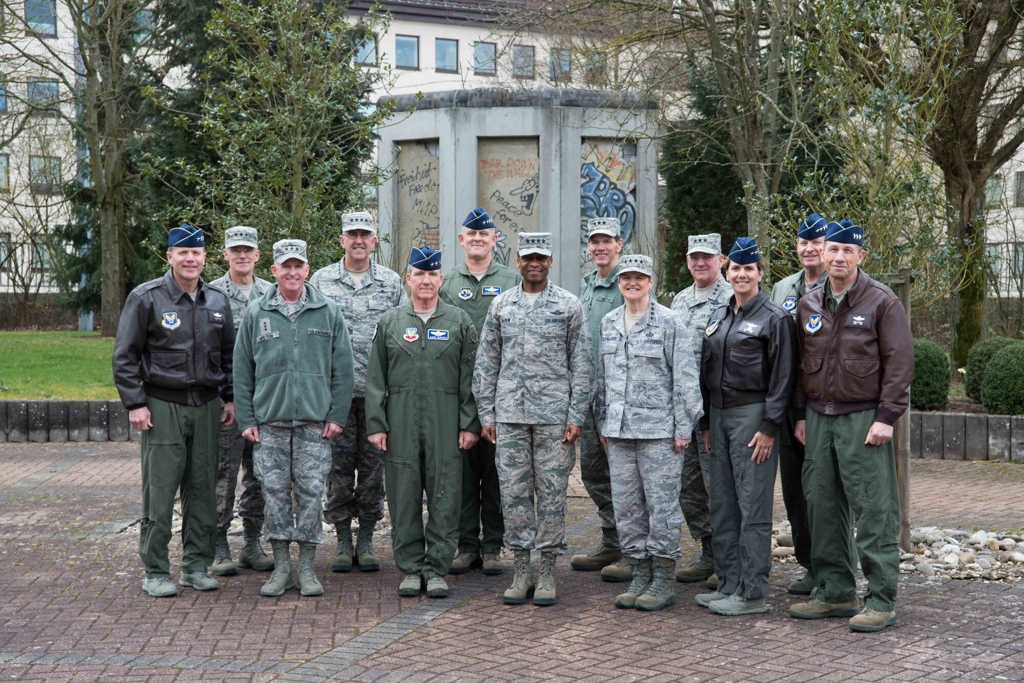 RAMSTEIN AIR BASE, Germany – Gen. Darren W. McDew, Air Mobility Command commander (center), and Gen. Hawk Carlisle, Air Combat Command commander (center-left), pose with the attendees of the Combat Air Forces/Mobility Air Forces Commander’s Conference in front of the Berlin Wall Memorial on Ramstein Air Base, Germany, April 1, 2015. The conference provided a venue for the senior leaders to discuss current and future issues central to the Air Force. (U.S. Air Force photo/Tech. Sgt. Benjamin Wilson)