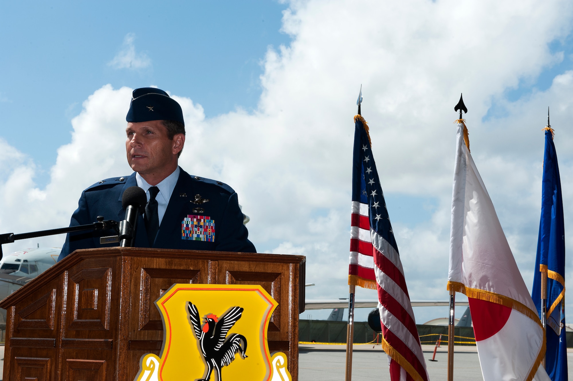 U.S. Air Force Brig. Gen. Barry Cornish addresses the crowd command of the 18th Wing during a change of command ceremony on Kadena Air Base, Japan, April 2, 2015. During the ceremony, command of the 18th Wing was relinquished by Brig. Gen. James Hecker and passed to Cornish. (U.S. Air Force photo by Airman 1st Class Stephen G. Eigel)