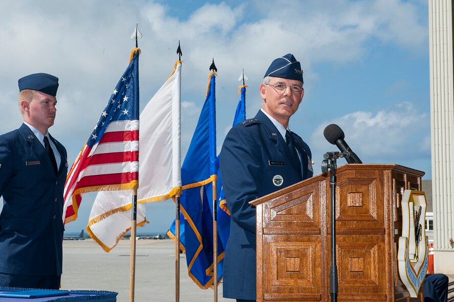 U.S. Air Force Lt. Gen. Sam Angelella, U.S. Forces Japan and 5th Air Force commander, speaks during the 18th Wing change of command ceremony on Kadena Air Base, Japan, April 2, 2015. During the ceremony, command of the 18th Wing was relinquished by Brig. Gen. James Hecker and passed to Brig. Gen. Barry Cornish. (U.S. Air Force photo by Airman 1st Class Stephen G. Eigel)