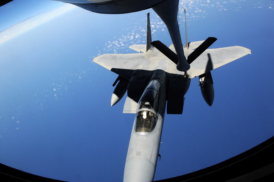 A U.S. Air Force F-15C Eagle from Kadena Air Base, Japan receives fuel from a KC-135 Stratotanker during  the Forceful Tiger exercise over the Pacific Ocean April 1, 2015. During the exercise, the stratotankers provided about 800,000 pounds of fuel to 50 aircraft, enabling them to stay airborne for more than four hours. (U.S. Air Force photo by Airman 1st Class Zade C. Vadnais)