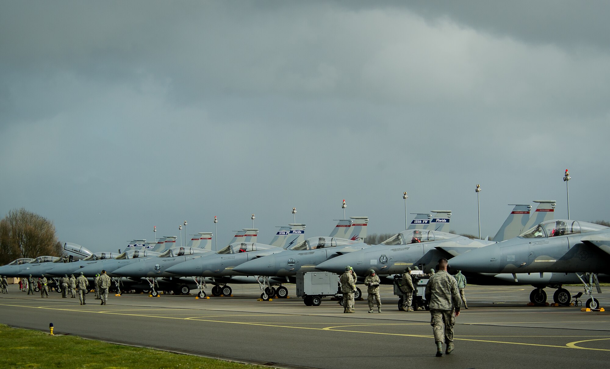 A theater security package of F-15C Eagles assigned to the 159th Expeditionary Fighter Squadron is parked on the flightline at Leeuwarden Air Base, Netherlands, April 1, 2015. The F-15s from the Florida and Oregon Air National Guard are deployed to Europe as the first ever ANG TSP here. These F-15s will conduct training alongside our NATO allies to strengthen interoperability and to demonstrate U.S. commitment to the security and stability of Europe. (U.S. Air Force photo/ Staff Sgt. Ryan Crane)