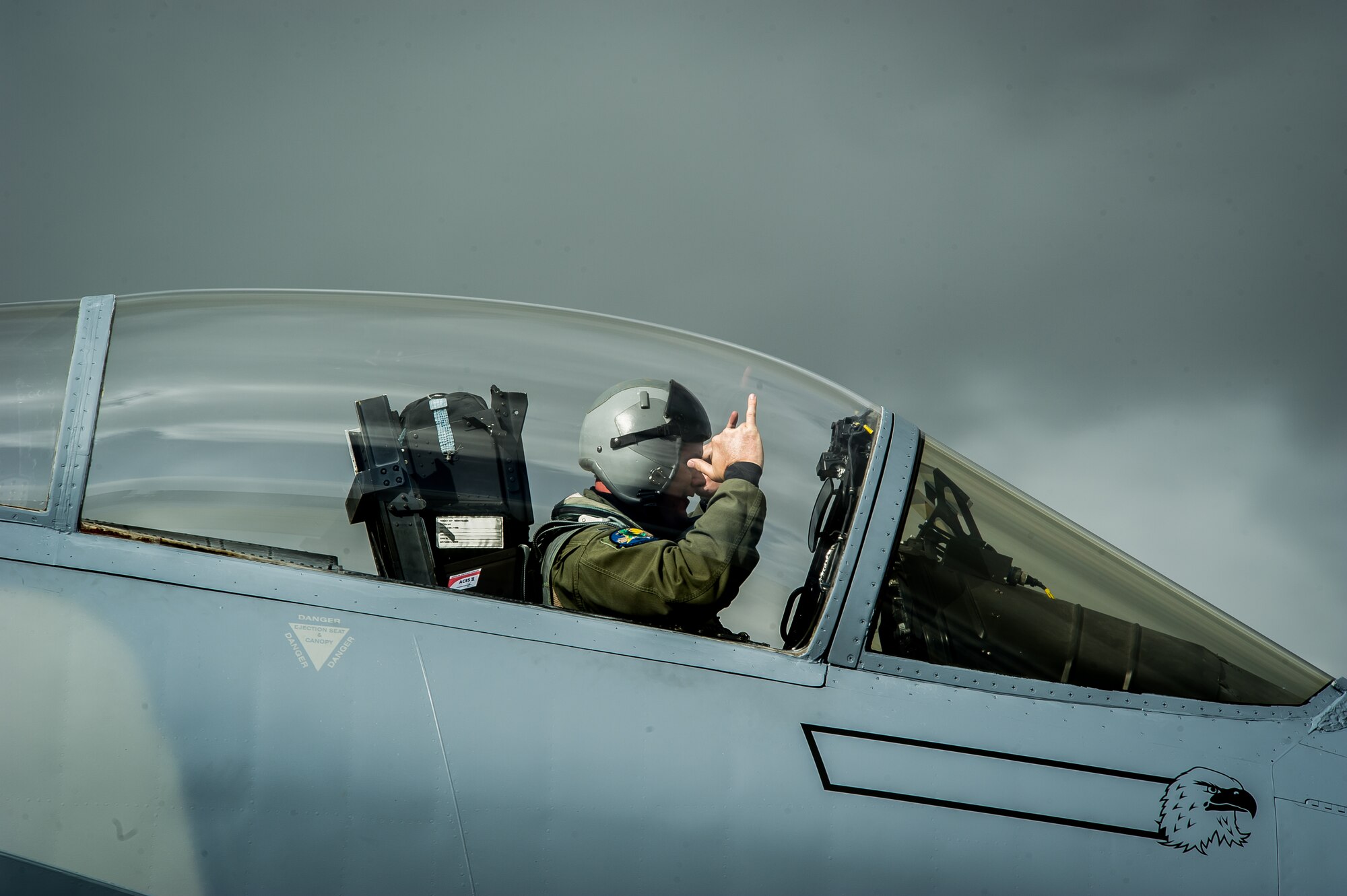 An F-15C Eagle pilot assigned to the 159th Expeditionary Fighter Squadron taxis his aircraft into position at Leeuwarden Air Base, Netherlands, April 1, 2015. The F-15s from the Florida and Oregon Air National Guard are deployed to Europe as the first ever ANG theater security package here. These F-15s will conduct training alongside our NATO allies to strengthen interoperability and to demonstrate U.S. commitment to the security and stability of Europe. (U.S. Air Force photo/ Staff Sgt. Ryan Crane)