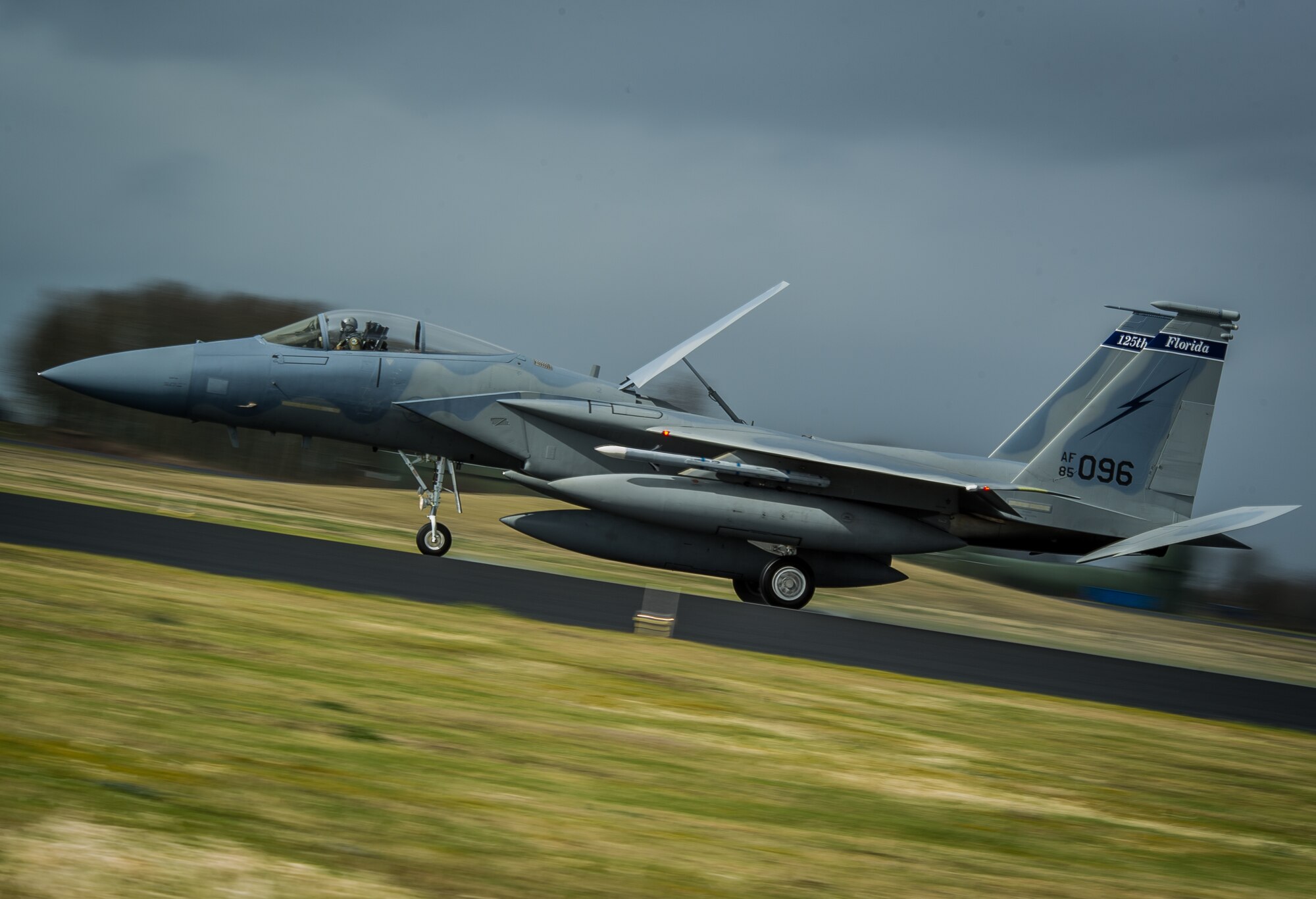 An F-15C Eagle assigned to the 159th Expeditionary Fighter Squadron lands at Leeuwarden Air Base, Netherlands, April 1, 2015. The F-15s from the Florida and Oregon Air National Guard are deployed to Europe as the first ever ANG theater security package here. These F-15s will conduct training alongside our NATO allies to strengthen interoperability and to demonstrate U.S. commitment to the security and stability of Europe. (U.S. Air Force photo/ Staff Sgt. Ryan Crane)