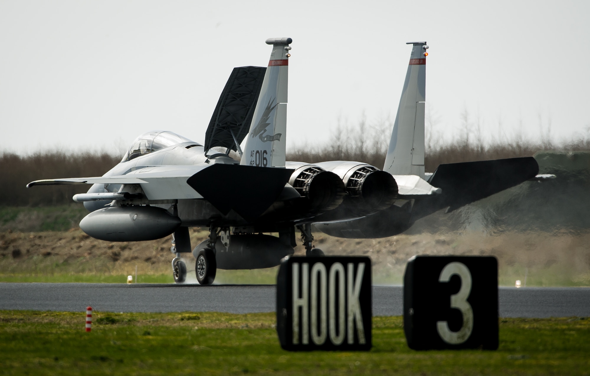 An F-15C Eagle assigned to the 159th Expeditionary Fighter Squadron lands at Leeuwarden Air Base, Netherlands, April 1, 2015. The F-15s from the Florida and Oregon Air National Guard are deployed to Europe as the first ever ANG theater security package here. These F-15s will conduct training alongside our NATO allies to strengthen interoperability and to demonstrate U.S. commitment to the security and stability of Europe. (U.S. Air Force photo/ Staff Sgt. Ryan Crane)