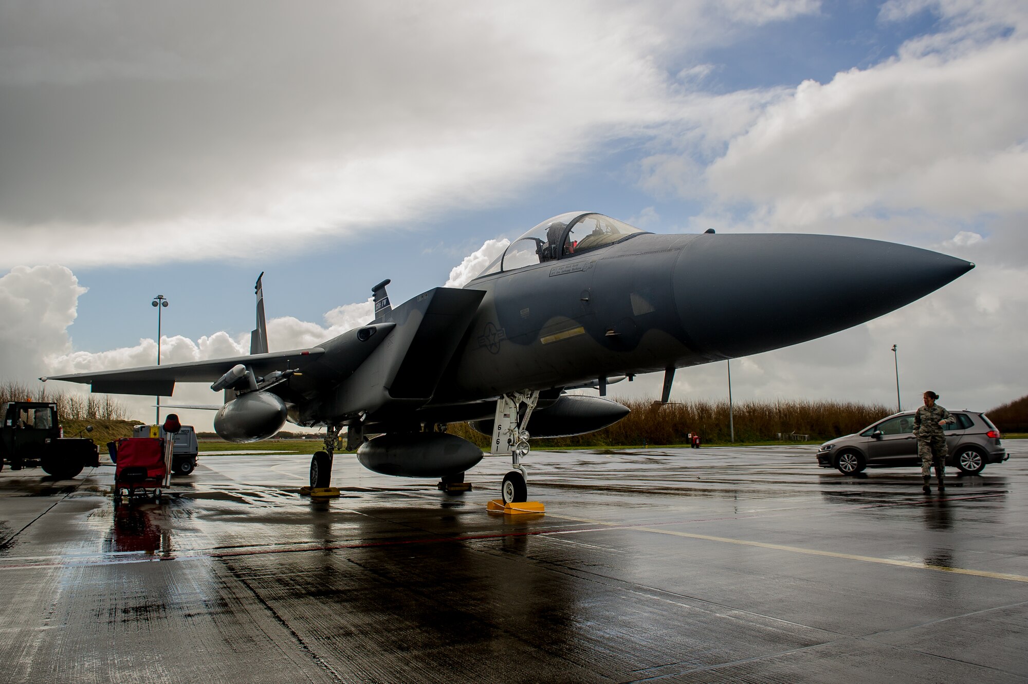 A theater security package of F-15C Eagles assigned to the 159th Expeditionary Fighter Squadron is parked on the flightline at Leeuwarden Air Base, Netherlands, April 1, 2015. The F-15s from the Florida and Oregon Air National Guard are deployed to Europe as the first ever ANG TSP here. These F-15s will conduct training alongside our NATO allies to strengthen interoperability and to demonstrate U.S. commitment to the security and stability of Europe. (U.S. Air Force photo/ Staff Sgt. Ryan Crane)