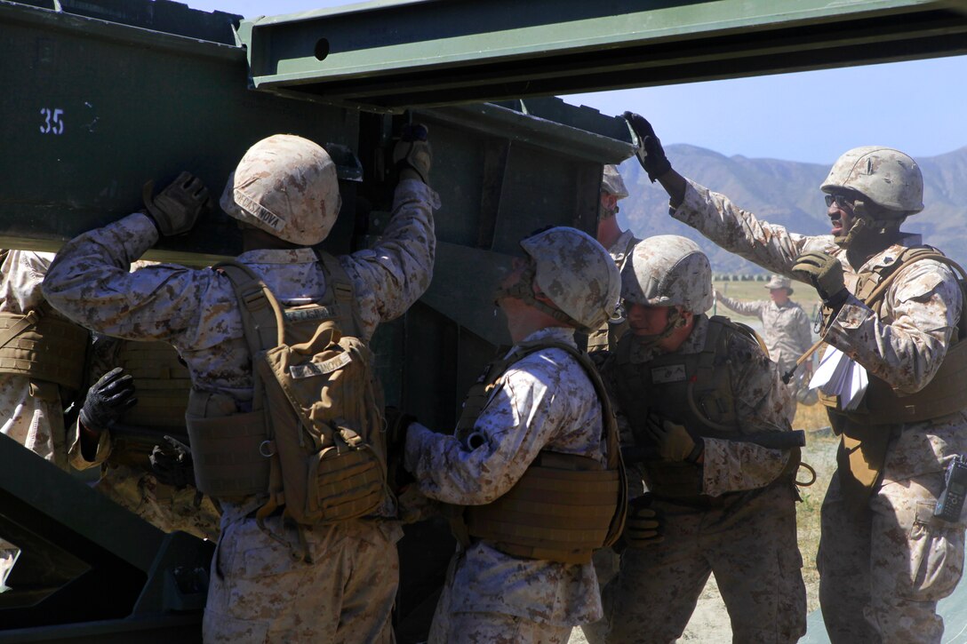 Marines participate in a bridge exercise at Lake Elsinore, Calif., March 24, 2015.