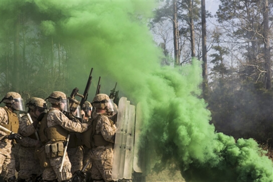 Green smoke envelops Marines during a nonlethal weapons training exercise on Camp Lejeune, N.C., March 25, 2015. The Marines are assigned to 2nd Battalion, 6th Marine Regiment. 
 