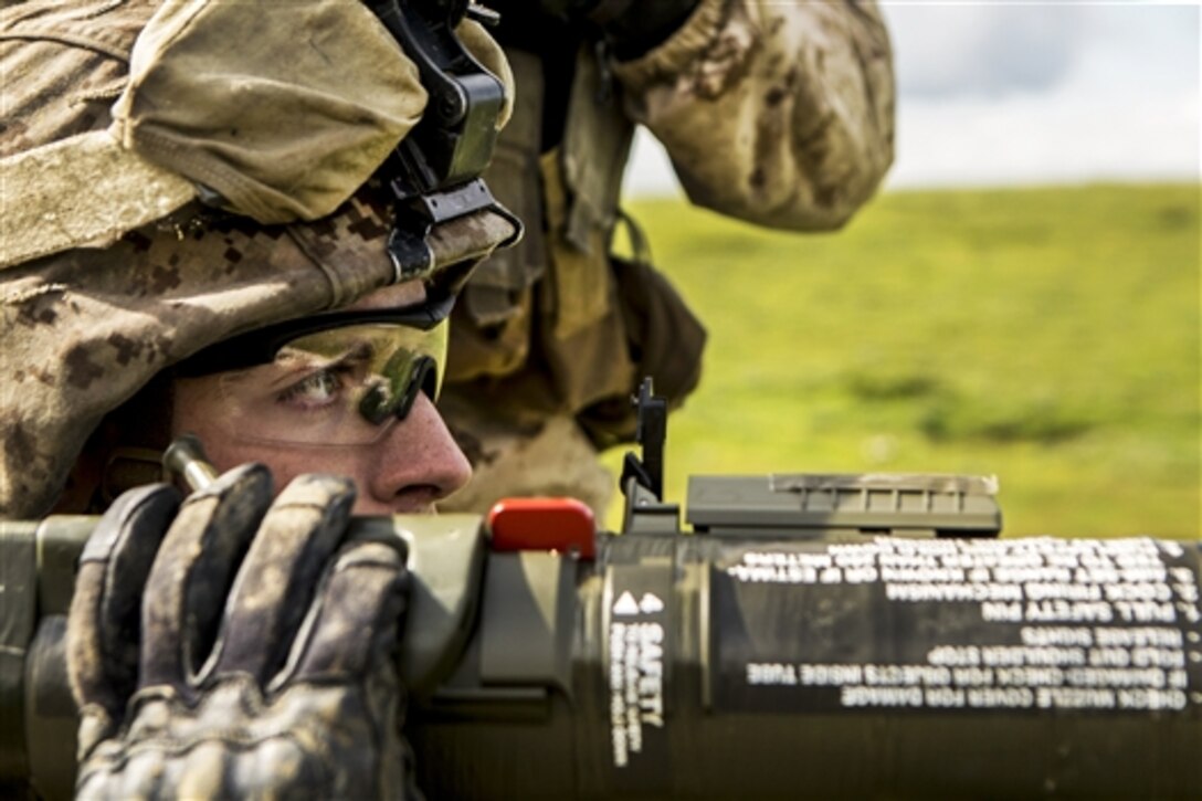 U.S. Marine Corps Lance Cpl. John Hall looks down the sights of an AT-4 during a live-fire training exercise in Sierra Del Retin, Spain, March 24, 2015. U.S. Marines conducted a live-fire training exercise on the Spanish facility to maintain infantryman skills. Hall is a rifleman assigned to the Special Purpose Marine Air-Ground Task Force Crisis Response Africa. 