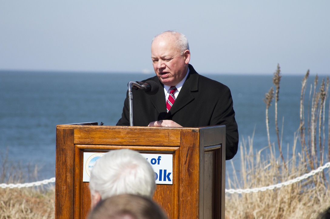 NORFOLK, Va. -- City of Norfolk Mayor Paul Fraim addresses a gathering of residents from the Willoughby Spit and East Ocean View areas of the city March 30, 2015, in a ceremony during which an agreement between the city and the Norfolk District, U.S. Army Corps of Engineers was signed to combat sea-level rise. The agreement paves the way for construction of a coastal storm damage reduction project that's unprecedented in the 333-year history of the city. The initial beach nourishment will expand the width of roughly seven miles of the beach by 60 feet in the Willoughby Spit and East Ocean View areas. (U.S. Army photo/Patrick Bloodgood)