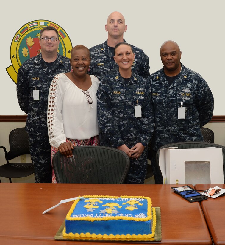 Naval Branch Health Clinic, Albany active-duty sailors and civilian personnel honor 122 years of the Navy's chief petty officers' service to the nation in a ceremony at Marine Corps Logistics Base Albany, April 1. Past and present chief petty officers were recognized during the celebration, which culminated with a cake-cutting to commemorate the anniversary.