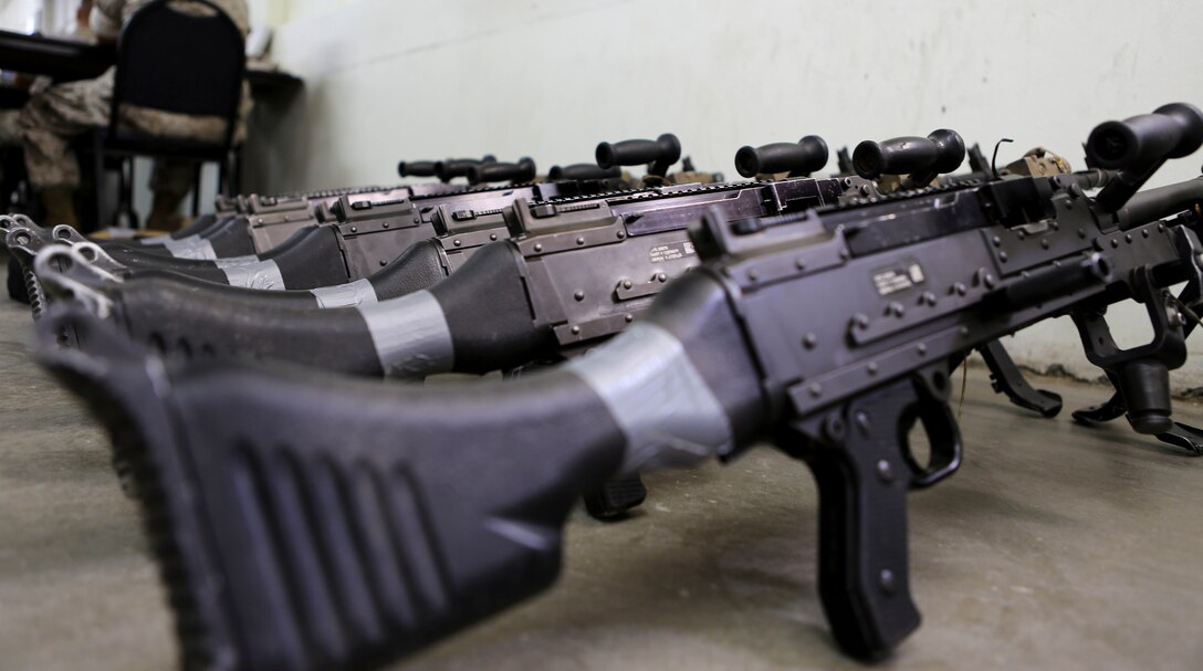 A line of M240B machine guns are placed in the back of a classroom for practical application during a course on machine gun nomenclature, optics and operations aboard Marine Corps Base Camp Pendleton, Calif., March 30, 2015. The fire command and control class is conducted the first week of the three-week-long course and is vital to the foundational skills of the Marines.