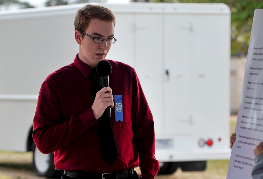 Brendon Pennington, Hurlburt Field’s Youth of the Year, reads the Month of the Military Child proclamation during the Month of the Military Child and Child Abuse Prevention Month kickoff at Hurlburt Field, Fla., April 1, 2015. Pennington is one of the 5,500 military children who call Hurlburt Field home. (U.S. Air Force photo/Staff Sgt. Katherine Holt)