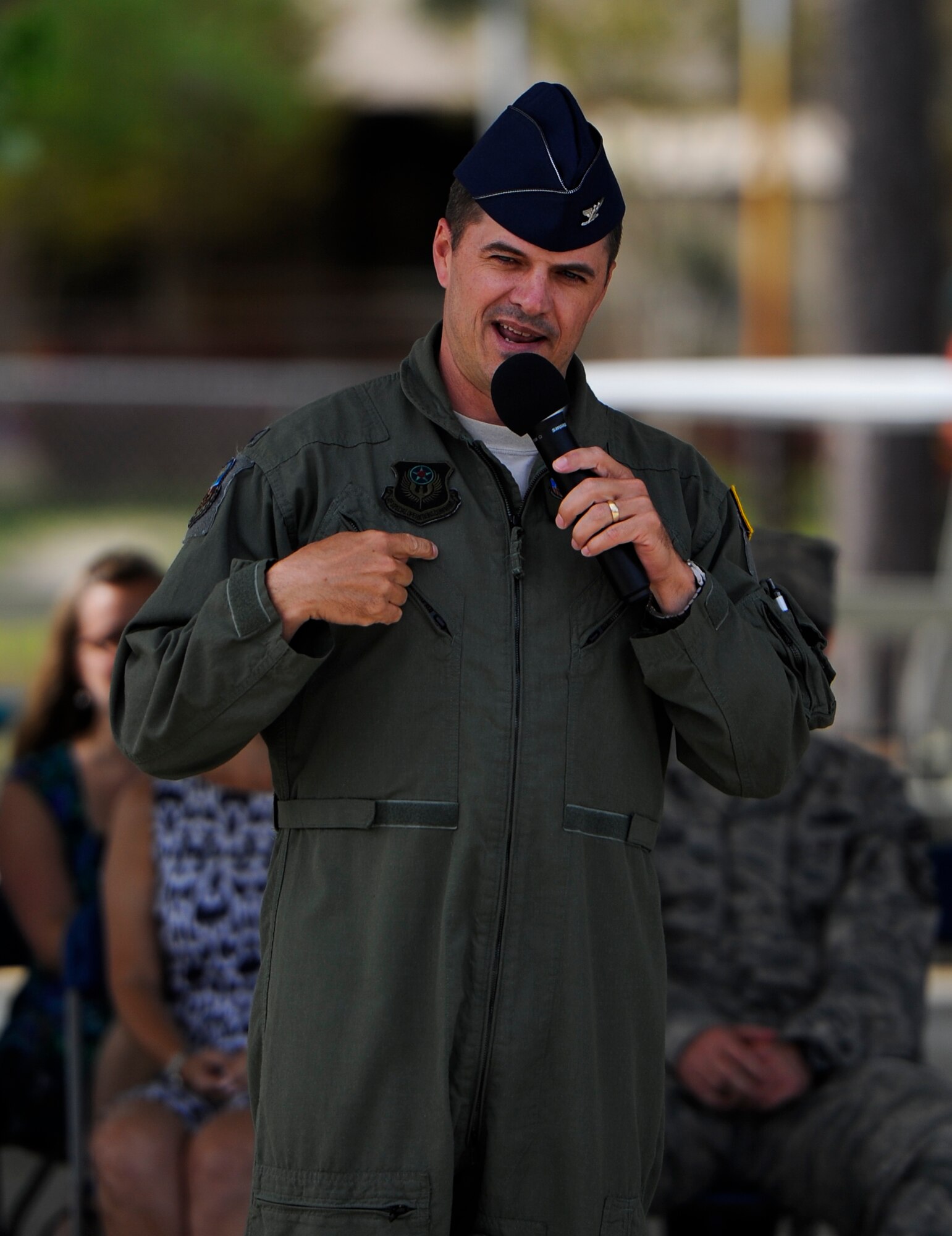 Col. Sean Farrell, 1st Special Operations Wing commander, speaks during the Month of Military the Military Child and Child Abuse Prevention Month kickoff on Hurlburt Field, Fla., April 1, 2015. Hurlburt Field is home to more than 5,500 children who face unique challenges related to military life and culture. (U.S. Air Force photo/Senior Airman Christopher Callaway) 
