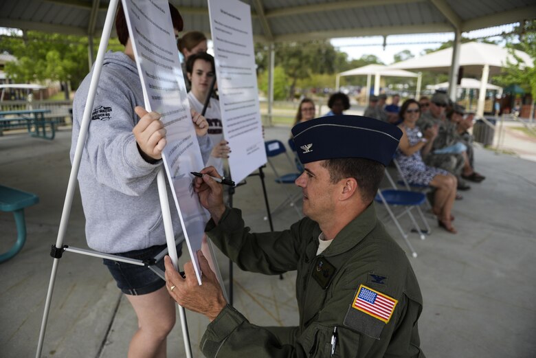 Col. Sean Farrell, 1st Special Operations Wing commander, signs a Month of the Military Child proclamation on Hurlburt Field, Fla., April 1, 2015. Additionally, Farrell signed a proclamation designating April as Child Abuse Prevention month. (U.S. Air Force photo/Senior Airman Christopher Callaway)  