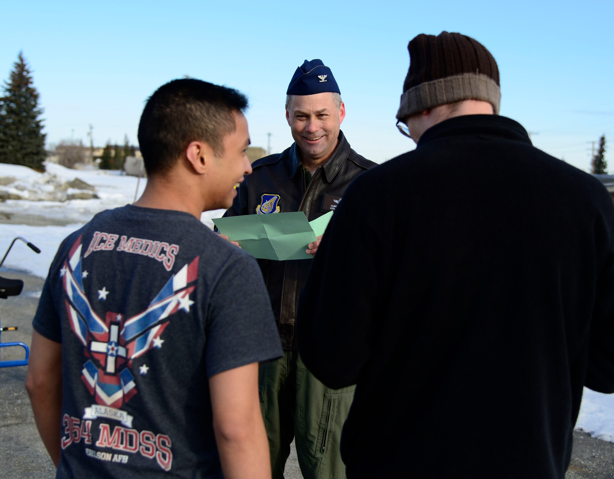U.S. Air Force Col. William Culver, the 354th Fighter Wing vice commander, asked participants three questions during the wing’s “Amazing Race” at Eielson Air Force Base, Alaska, April 3, 2015. Participants who answered incorrectly were required to take a lap on the ‘tricycles of doom’ as part of Sexual Assault Awareness and Prevention Month. (U.S. Air Force photo by Senior Airman Racheal E. Watson/Released)