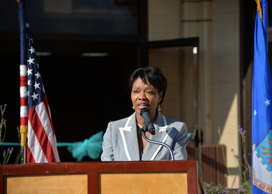 Machelle Terrell, 15th Wing Sexual Assault Response coordinator, speaks at the opening event for Sexual Assault Awareness and Prevention Month on Joint Base Pearl Harbor-Hickam, Hawaii, April 1, 2015. A ribbon cutting ceremony celebrating their newly renovated Sexual Assault and Prevention office kicked-off the Air Force’s month-long campaign against sexual assault. (U.S. Air Force photo by Tech. Sgt. Aaron Oelrich/Released) 