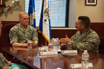 Col. Brian Hastings, 47th Flying Training Wing commander, briefs Chief Master Sgt. of the Air Force James Cody during a wing mission brief on Laughlin Air Force Base, Texas, April 1, 2015. As the CMSAF, Cody represents the highest enlisted level of leadership in the Air Force and the mission brief was designed to provide him with information about the men and women who serve at Laughlin and their concerns.
(U.S. Air Force photo by Staff Sgt. Nathan Maysonet)
