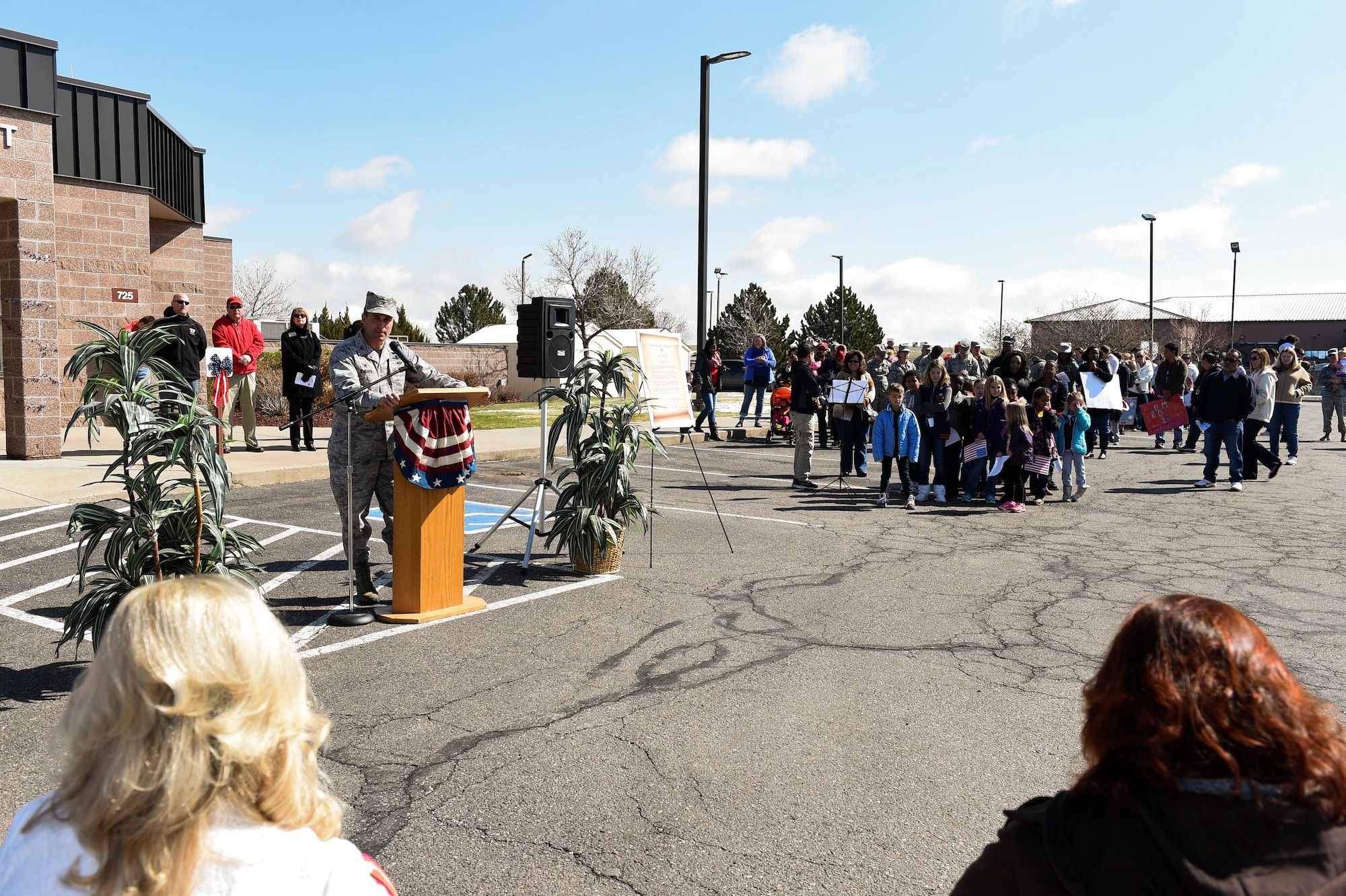 Col. John Wagner, 460th Space Wing commander, speaks during the Month of the Military Child celebration April 3, 2015, at the Crested Butte Child Development Center on Buckley Air Force Base, Colo. Wagner signed a proclamation officially citing the month of April as Month of the Military Child. (U.S. Air Force photo by Airman 1st Class Samantha Saulsbury/Released)