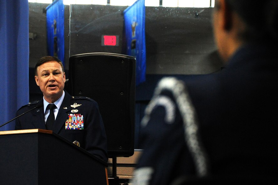 Air Force District of Washington Commander Maj. Gen. Darryl W. Burke addresses Airmen during an Air Force Honor Guard graduation ceremony on Joint Base Anacostia-Bolling, Maryland, Apr 3, 2015. Airmen of every enlisted rank, and both company and field grade officers, volunteer and are competitively selected from their peers in more than 200 different Air Force career fields to serve in the Honor Guard. (U.S. Air Force photo/Staff Sgt. Matt Davis)