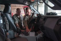 Tech. Sgt. Patrick Ogborn, 47th Civil Engineer Squadron NCO in charge of fire prevention, trains Chief Master Sgt. of the Air Force James Cody, on the controls of a P-34 Rapid Intervention Vehicle at Laughlin Air Force Base, Texas, April 2, 2015. The P-34 uses an ultra-high pressure water and foam system to directly target fires and put them out in their early stages. (U.S. Air Force photo by Staff Sgt. Nathan Maysonet)