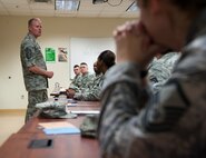 Chief Master Sgt. of the Air Force James Cody, speaks to an audience of senior NCOs at Laughlin Air Force base, Texas, April 2, 2015. At the panel, Laughlin senior NCOs asked Cody about changes to the enlisted promotion system, increased deployments, enlisted morale, welfare and more.  (U.S. Air Force photo by Staff Sgt. Nathan Maysonet) 