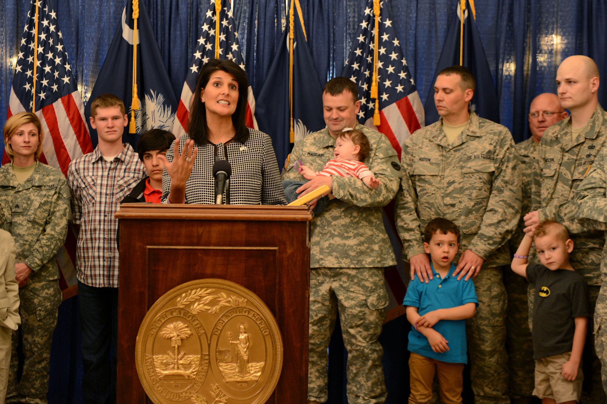 South Carolina Governor Nikki Haley speaks during a Month of the Military Child Proclamation reading at the Statehouse in Columbia S.C., April 2, 2015. Haley, married to a U.S. Army Captain, spoke about the importance of military children and their supporting role to their parents. (U.S Air Force photo by Senior Airman Jensen Stidham/Released) 