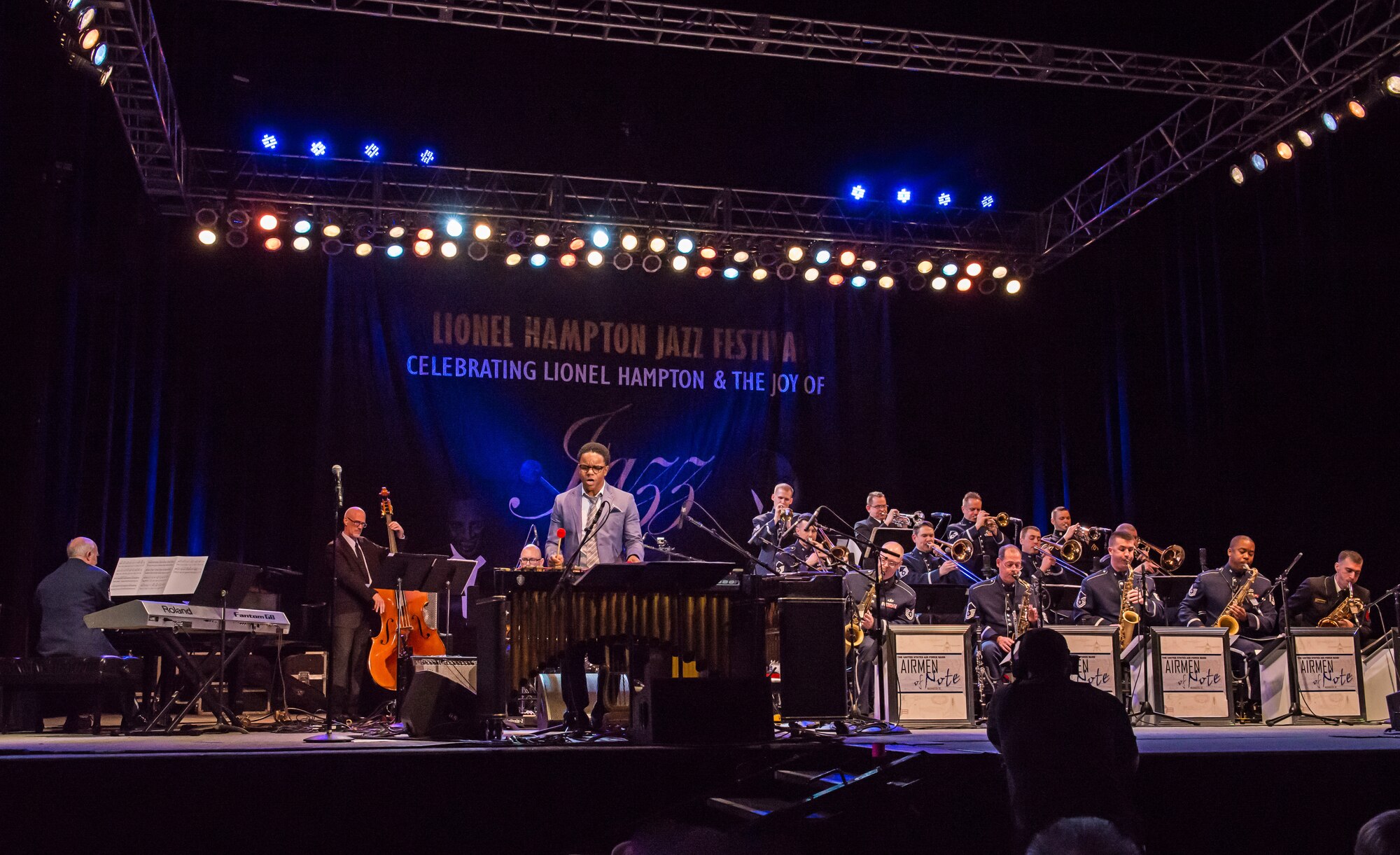 The Airmen of Note performs at the Lionel Hampton Jazz Festival in Moscow,
Idaho with guest artist Stefon Harris. (photo by Dr. Elizabeth
Black/released)