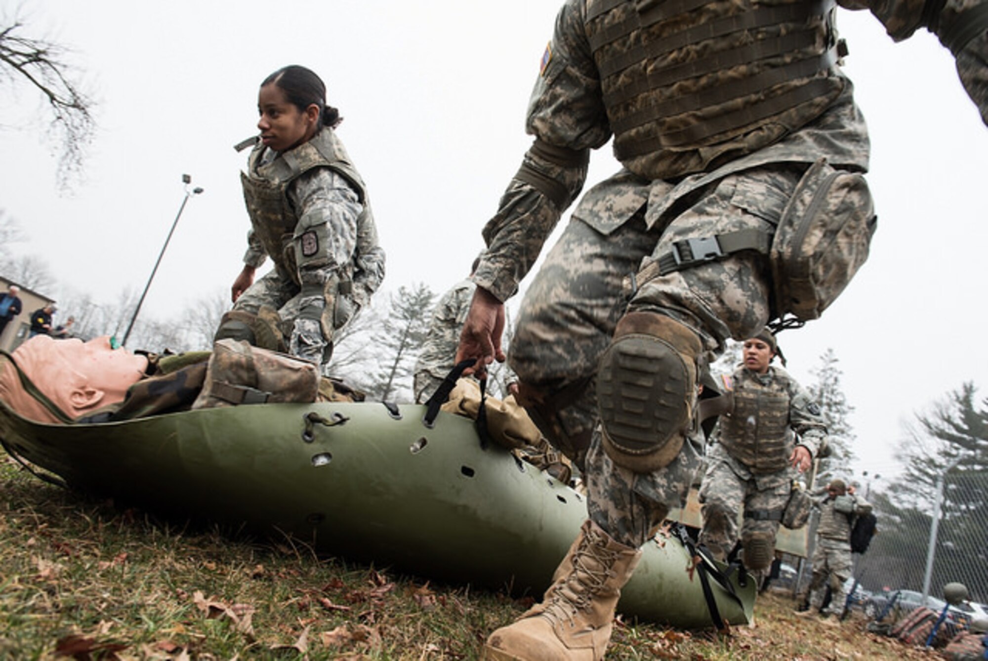 A combat medical response exercise is demonstrated for honorary commanders March 26, 2015, on Joint Base McGuire-Dix-Lakehurst, N.J. The honorary commander program encourages an exchange of ideas and experiences between key civilian leaders of the surrounding communities and JB MDL leaders. (U.S. Air Force photo by Russ Meseroll/Released)