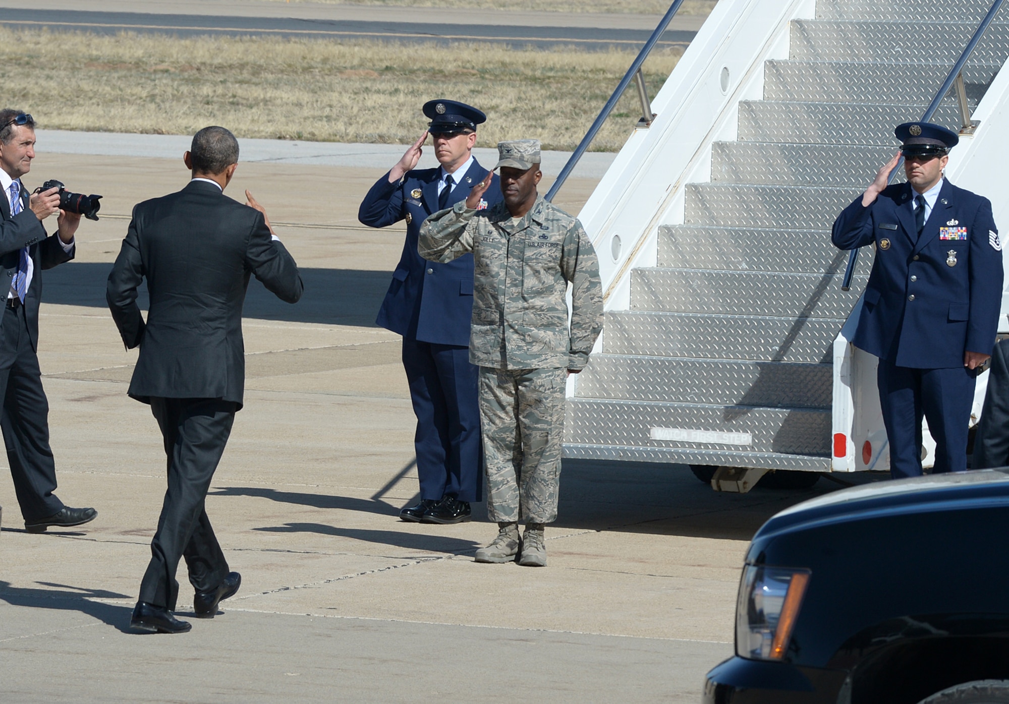75th Air Base Wing Commander Col. Ron Jolly salutes President Barack Obama as he prepares to depart Hill AFB on April 3. (U.S. Air Force photo by Alex R. Lloyd)