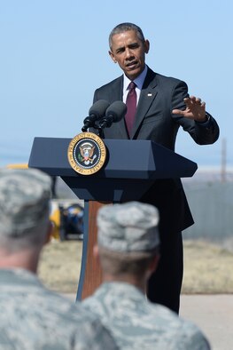 President Barack Obama speaks to a group of Utah elected officials, base leadership, and news media April 3, 2015, at Hill AFB to announce Solar Ready Vets, a program that seeks to train veterans for jobs in solar energy. (U.S. Air Force photo by R. Nial Bradshaw)