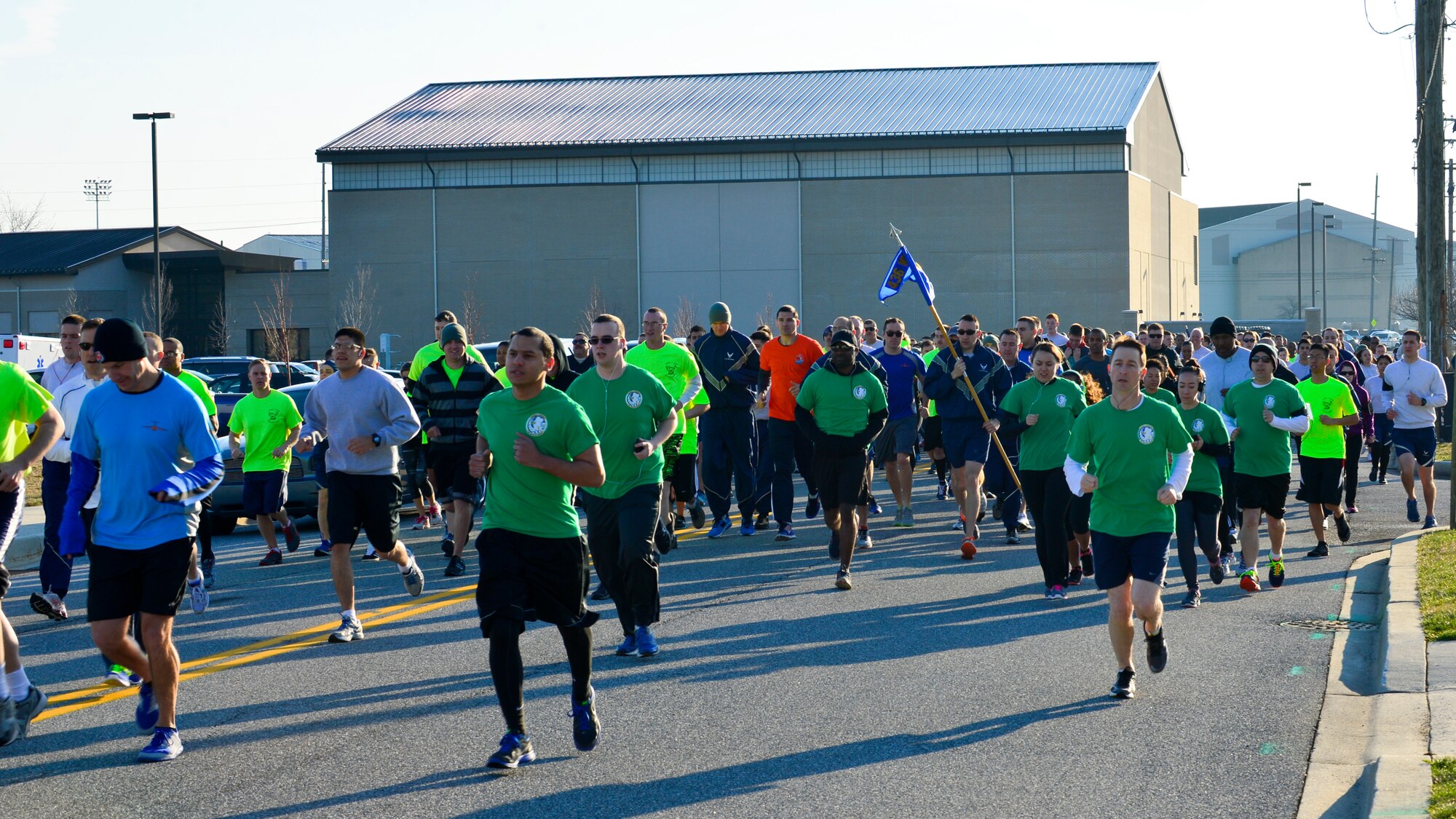 More than 450 Team Dover Airmen run in the Sexual Assault Prevention and Response 5 kilometer run/walk April 2, 2015, on Dover Air Force Base, Del. The race was held in recognition of Sexual Assault Awareness and Prevention month. (U.S. Air Force photo/Airman 1st Class William Johnson)