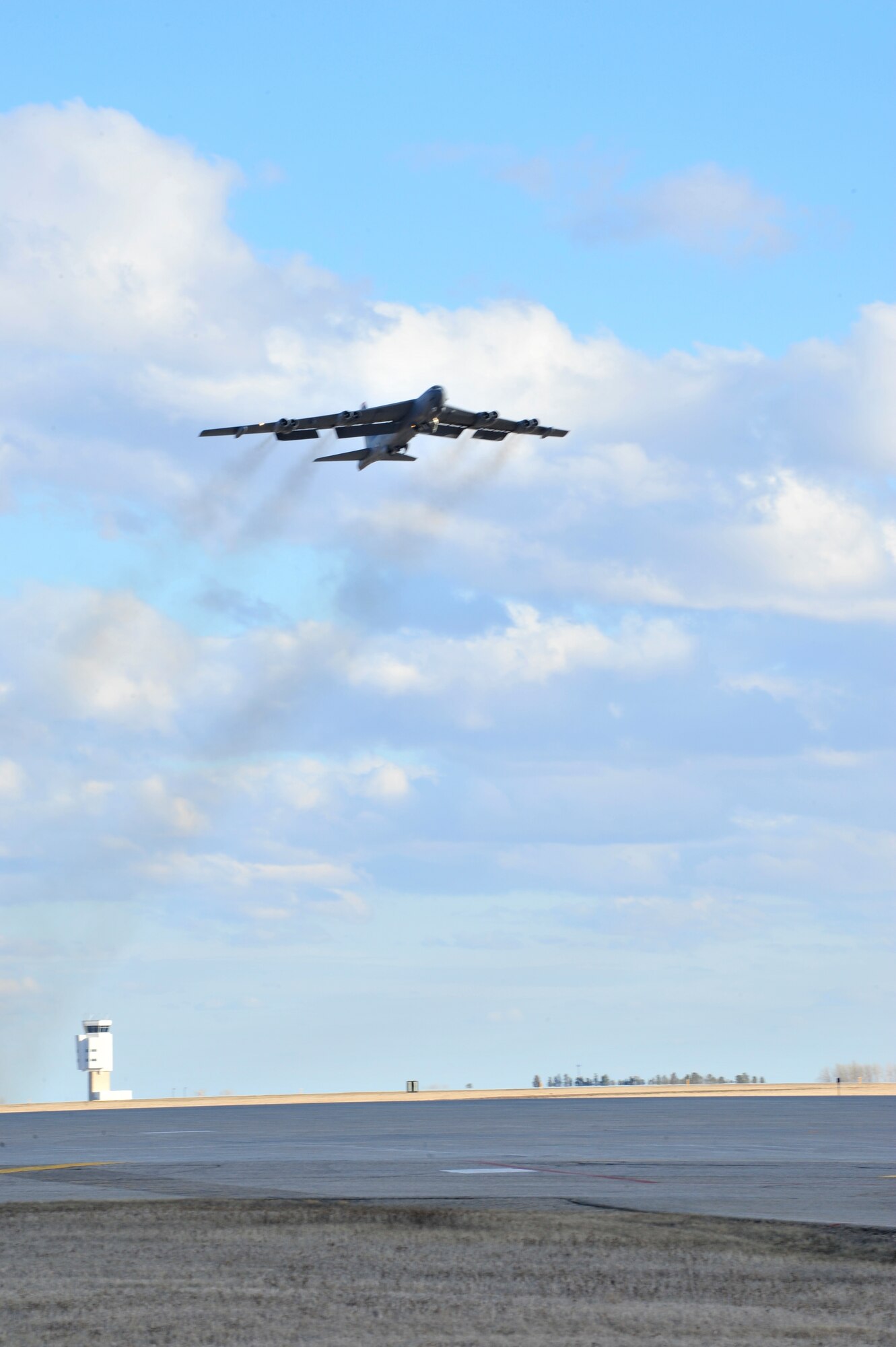 A B-52H Stratofortress assigned to the 5th Bomb Wing takes off from Minot Air Force Base, N.D., April 1, 2015. The training mission, coined “POLAR GROWL”, aims to support bomber training requirements, ensuring global strike capabilities are flexible, credible and responsive to various threats. (U.S. Air Force photos/Senior Airman Malia Jenkins)  