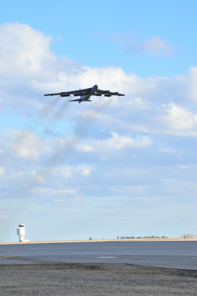 A B-52H Stratofortress assigned to the 5th Bomb Wing takes off from Minot Air Force Base, N.D., April 1, 2015. The training mission, coined “POLAR GROWL”, aims to support bomber training requirements, ensuring global strike capabilities are flexible, credible and responsive to various threats. (U.S. Air Force photos/Senior Airman Malia Jenkins)  